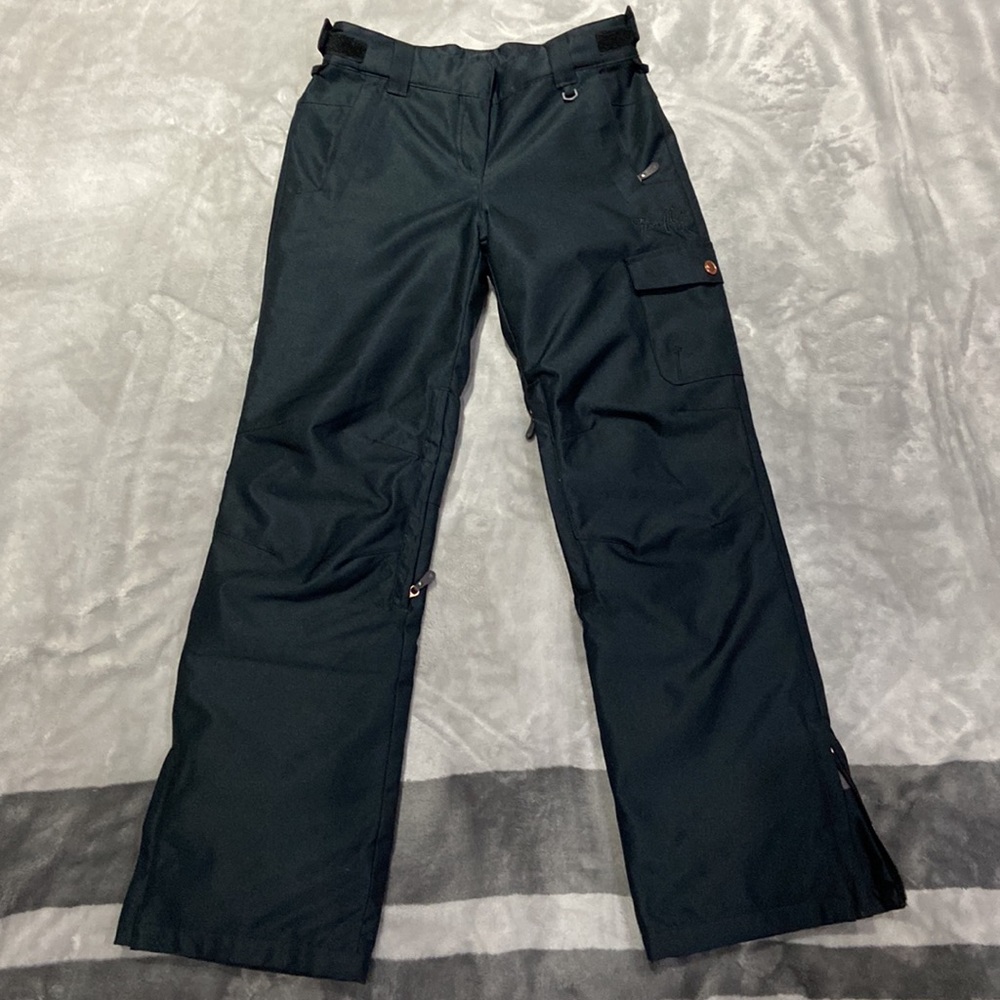 Snowboard pants women’s dark green with rose gold zipper pulls Velcro sides
